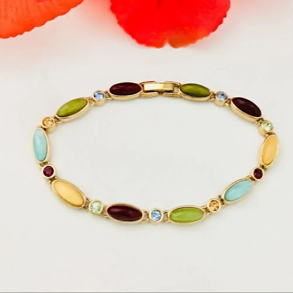 Liz Claiborne Vintage Rhinestones Lucite Bracelet Multicolor Blue Green 4238